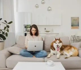 Mulher sentada em sofá com laptop e cachorro ao lado em sala iluminada.