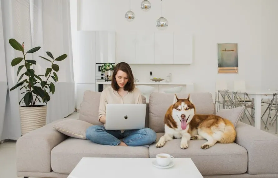 Mulher sentada em sofá com laptop e cachorro ao lado em sala iluminada.